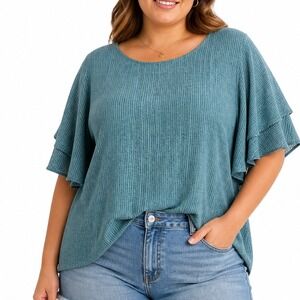 Simply Styled Sears Teal Blue Black‎ Dash Print Ruffle Sleeve V-Back Blouse L